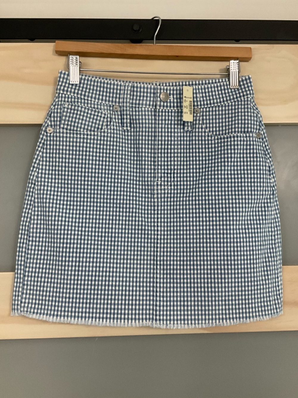 Madewell Blue Gingham Mini Skirt NWT Size 25 Frayed Hem Cottagecore